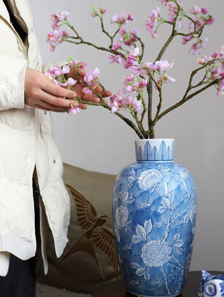 Large Flower Vases on Dining Table, Blue Porcelain Flower Vases, Centerpiece Ceramic Bouquet Vases, Handmade Modern Flower Vase-LargePaintingArt.com