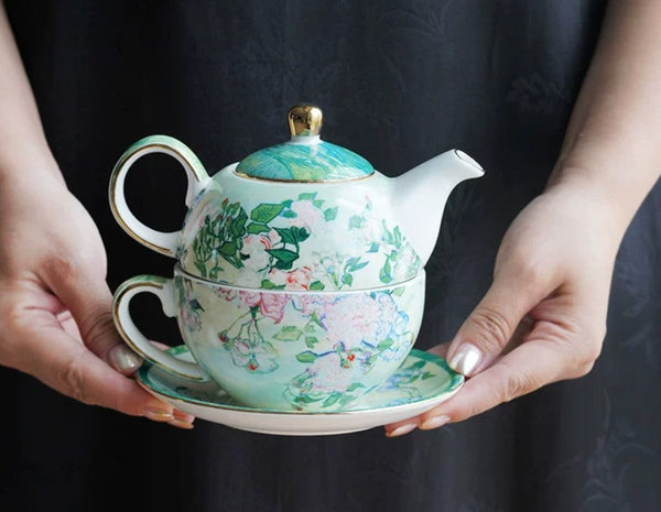 Ceramic Tea Pot with Integrated Cup, Mother-and-Baby Teapot with Matching Saucer, Vintage Style Stackable Tea Pot Set, English Style Tea Pot and Cup Set-LargePaintingArt.com