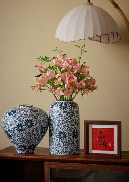 Centerpiece on Dining Table, Large Blue Flower Vase on Table, Vintage Bouquet Flower Vases, Handmade Porcelain Flower Vases Urn, Water Holding Flower Vases-LargePaintingArt.com