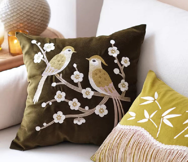 Embroidered birds cushion, Decorative Pillows for Couch, Vintage Decorative Pillows, Modern Throw Pillows for Bedroom, Decorative Pillow Arrangement Ideas for Couch-LargePaintingArt.com