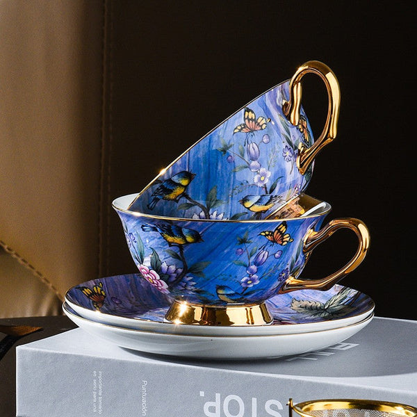 Unique British Tea Cup and Saucer in Gift Box, Blue Bird and Butterfly Porcelain Tea Cup Saucer Set, 7.4 oz British Ceramic Coffee Cups-LargePaintingArt.com