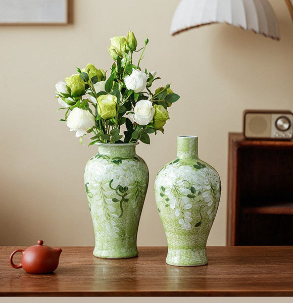 Centerpiece Ceramic Bud Vases, Large Flower Vases on Table, Green Porcelain Flower Vases, Handmade Water Holding Flower Vase-LargePaintingArt.com