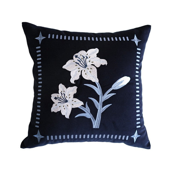 Dark Blue Lily Embroidered Cushion, Living Room Decorative Pillows, Decorative Pillow Arrangement Ideas for Couch, Large Decorative Pillows for Couch, Modern Throw Pillows for Bedroom-LargePaintingArt.com