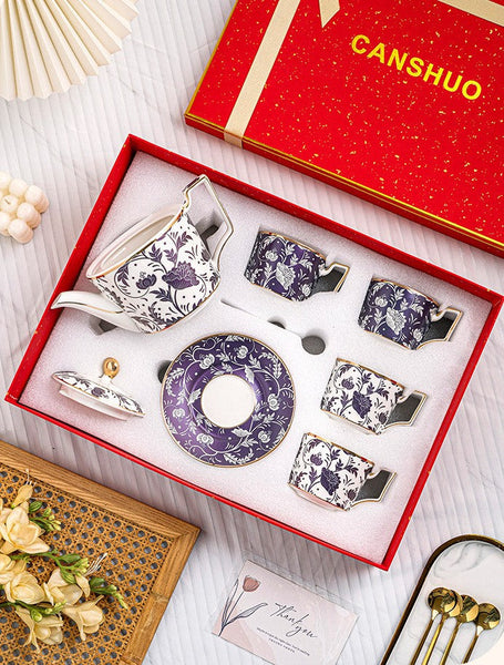 Porcelain Tea Cup and Saucer Set of 4 cups, 8 oz British Traditional Afternoon Tea Cup Set with Teapot, Ceramic Coffee Cup with Saucer in Gift Box-LargePaintingArt.com