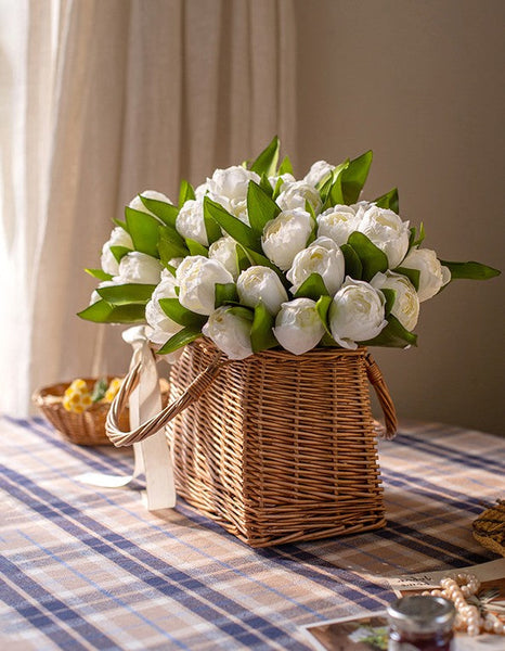 Spring Artificial Floral for Dining Room Table, White Tulip Flowers, Bedroom Flower Arrangement Ideas, Simple Modern Floral Arrangement Ideas for Home Decoration-LargePaintingArt.com