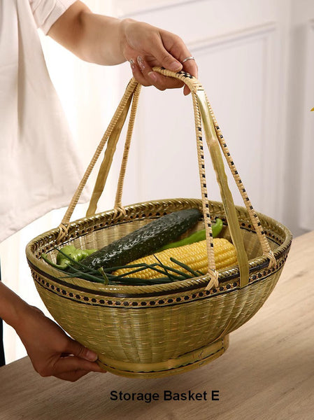 Natural Hand-woven Bamboo Basket, Extra Large Picnic Food Basket with Handle, Lovely Bamboo Baskets for Vegetable, Natural Fruit Basket Kitchen Storage Baskets-LargePaintingArt.com