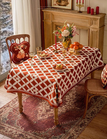 Holiday Red Tablecloth for Dining Table, Rabbit Pattern Table Cover for Dining Room Table, Modern Rectangle Tablecloth for Oval Table-LargePaintingArt.com