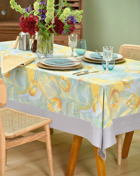 Country Farmhouse Tablecloth, Extra Large Rectangle Tablecloth for Dining Room Table, Tulip Flowers Rustic Table Covers for Kitchen, Square Tablecloth for Round Table-LargePaintingArt.com