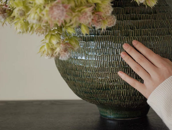 Centerpiece Ceramic Bouquet Vases, Green Porcelain Vases for Modern Home Decor, Large Contemporary Vases on Dining Table, Handmade Modern Flower Vase-LargePaintingArt.com