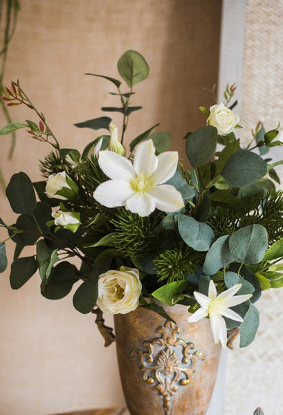 Eucalyptus Globulus, Clematis, White Rose Flowers, Unique Flower Arrangement for Home Decoration, Beautiful Modern Artificial Flowers for Dining Room Table-LargePaintingArt.com