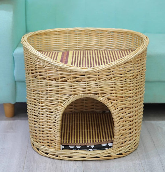 Washable Wicker Cat Bed, Wicker Cat House with Washable Cushion for Indoor Cats and Dogs