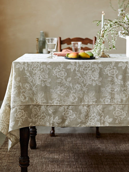 French Flower Pattern Tablecloth for Round Table, Vintage Rectangle Tablecloth for Dining Room Table, Rustic Farmhouse Table Cover for Kitchen-LargePaintingArt.com