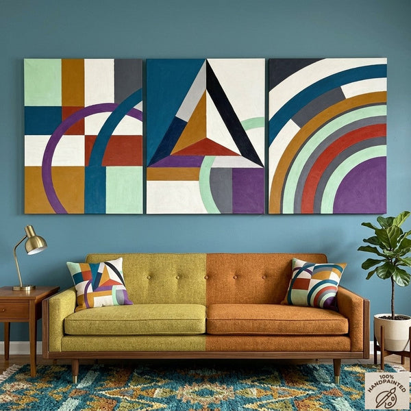 Multi Panel Canvas Art, Geometric Pattern Contemporary Artwork, Abstract Paintings for Mid Century Modern Living Room-LargePaintingArt.com