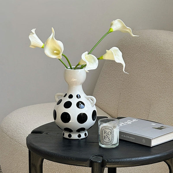 Ceramic Bud Vases, Small Flower Vases on Table, Black and White Polka Dot Flower Vase, Modern Porcelain Flower Vases, Handmade Water Holding Flower Vases-LargePaintingArt.com