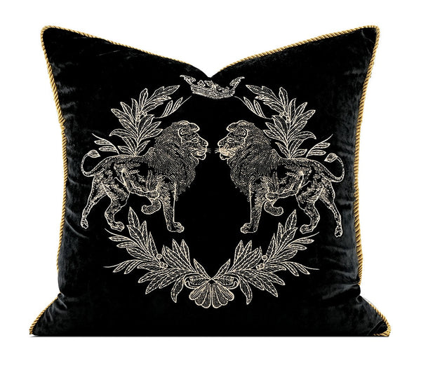 Modern Pillows for Couch, Embroidery Lion Decorative Pillow Covers, Decorative Throw Pillows for Living Room, Large Modern Sofa Pillows-LargePaintingArt.com