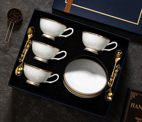 Elegant British Ceramic Coffee Cups, Bone China Porcelain Coffee Cup Set, White Ceramic Cups, Unique Tea Cup and Saucer in Gift Box-LargePaintingArt.com