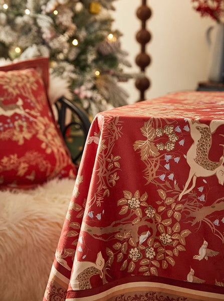 Forest Deer Red Table Covers, Square Tablecloth for Kitchen, Long Modern Rectangular Tablecloth for Dining Room Table, Extra Large Tablecloth for Round Table-LargePaintingArt.com