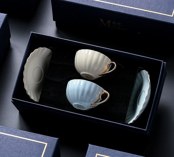 Handmade Beautiful British Tea Cups, Creative Porcelain Tea Cup Saucer Set of 2 Cups, Elegant Macaroon Ceramic Coffee Cups, 6.8 oz Tea Cup and Saucer in Gift Box as Birthday Gift-LargePaintingArt.com