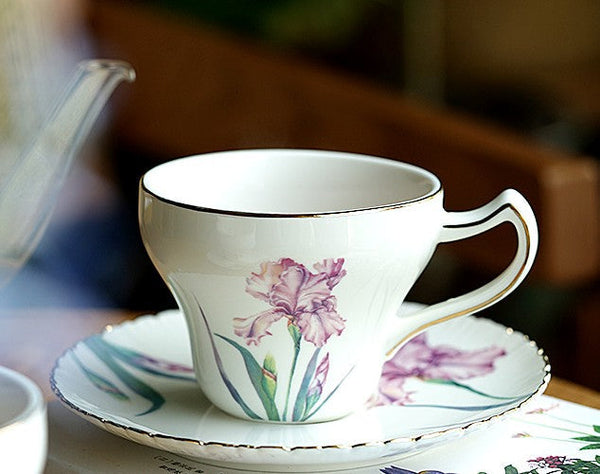 Iris Flower British Tea Cups, Beautiful Bone China Porcelain Tea Cup Set, Traditional English Tea Cups and Saucers, Unique Ceramic Coffee Cups in Gift Box-LargePaintingArt.com