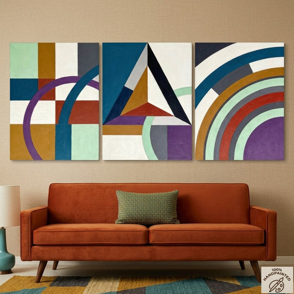 Multi Panel Canvas Art, Geometric Pattern Contemporary Artwork, Abstract Paintings for Mid Century Modern Living Room-LargePaintingArt.com