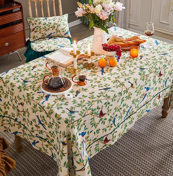 Bird Flower Pattern Farmhouse Table Cloth, Large Modern Rectangle Tablecloth for Dining Room Table, Square Tablecloth for Round Table-LargePaintingArt.com