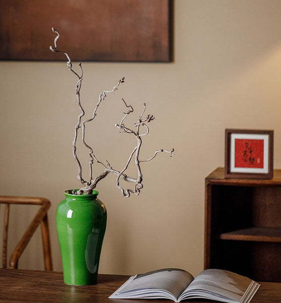 Vintage Flower Vases on Table, Handmade Water Holding Flower Vase, Centerpiece Ceramic Bud Vases, Green Porcelain Flower Vases-LargePaintingArt.com