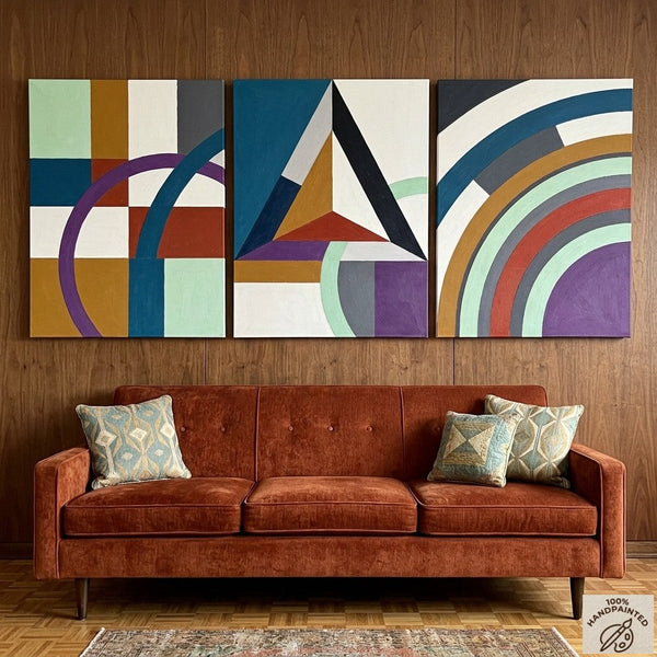 Multi Panel Canvas Art, Geometric Pattern Contemporary Artwork, Abstract Paintings for Mid Century Modern Living Room-LargePaintingArt.com