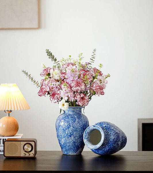 Handmade Water Holding Flower Vases, Centerpiece on Dining Table, Blue Pottery Bud Vases, Large Flower Vases on Table, Modern Pottery Flower Vases-LargePaintingArt.com