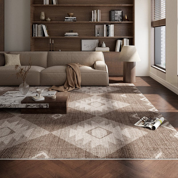 Brown Contemporary Abstract Rugs under Dining Room Table, Large Modern Rugs for Living Room, Mid Century Modern Rugs for Bedroom-LargePaintingArt.com