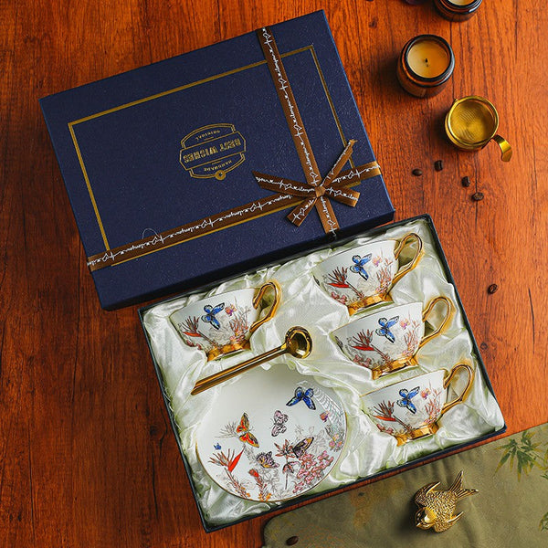 Ceramic Coffee Cups in Gift Box, Butterfly Pattern Porcelain Tea Cup and Saucer Set, British Traditional Afternoon Tea Cup and Saucer Set-LargePaintingArt.com