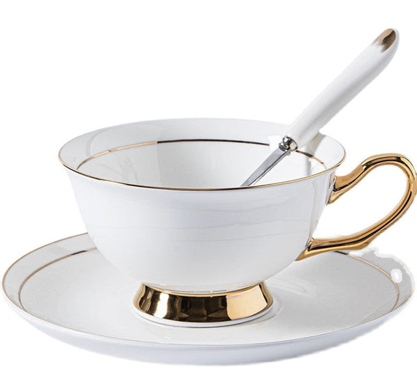 White Ceramic Cups, Elegant British Ceramic Coffee Cups, 7.8 oz Porcelain Tea Cup Saucer Set, Unique Tea Cup and Saucer in Gift Box-LargePaintingArt.com