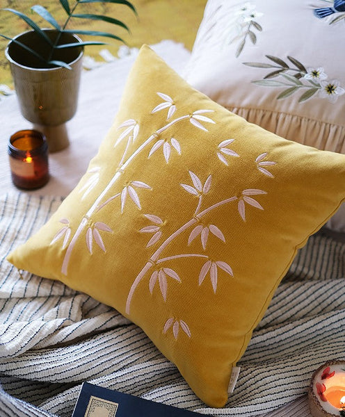 Decorative Pillow Arrangement Ideas for Couch, Large Decorative Pillows for Couch, Modern Throw Pillows for Bedroom, Living Room Decorative Pillows, Yellow Embroidered Bamboo Cushion-LargePaintingArt.com
