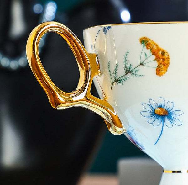 Elegant British Ceramic Coffee Cup with Saucer, 6.8 oz Tea Cup and Saucer Set in Gift Box, Floral Porcelain Tea Cup and Saucer Set, Flower Ceramic Tea Cup and Saucer-LargePaintingArt.com