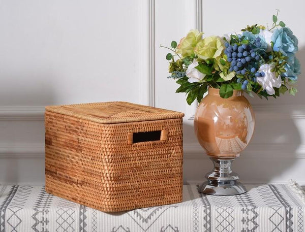 Rectangular Storage Basket with Lid, Rattan Storage Basket for Shelves, Extra Large Storage Baskets for Bedroom, Storage Baskets for Clothes-LargePaintingArt.com