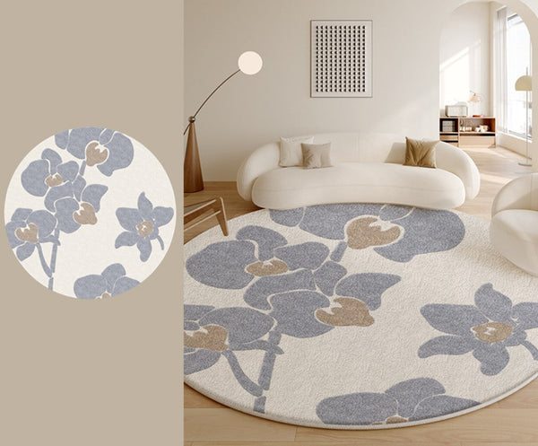 Bedroom Abstract Modern Area Rugs, Contemporary Modern Rugs, Geometric Round Rugs for Dining Room, Flower Pattern Circular Modern Rugs under Chairs-LargePaintingArt.com