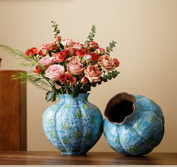 Pottery Flower Vases, Modern Bouquet Flower Vases, Centerpiece on Dining Table, Blue Flower Vase on Table, Handmade Water Holding Flower Vases-LargePaintingArt.com