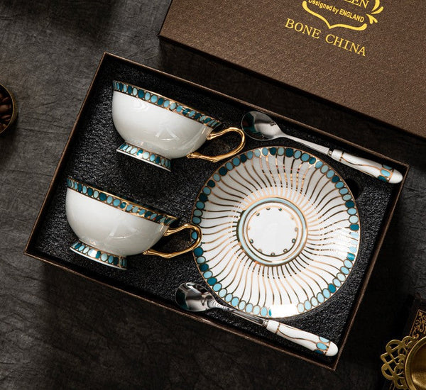 Unique Tea Cup and Saucer in Gift Box, Elegant British Ceramic Coffee Cups, Bone China Porcelain Tea Cup Set for Office, Green Ceramic Cups-LargePaintingArt.com