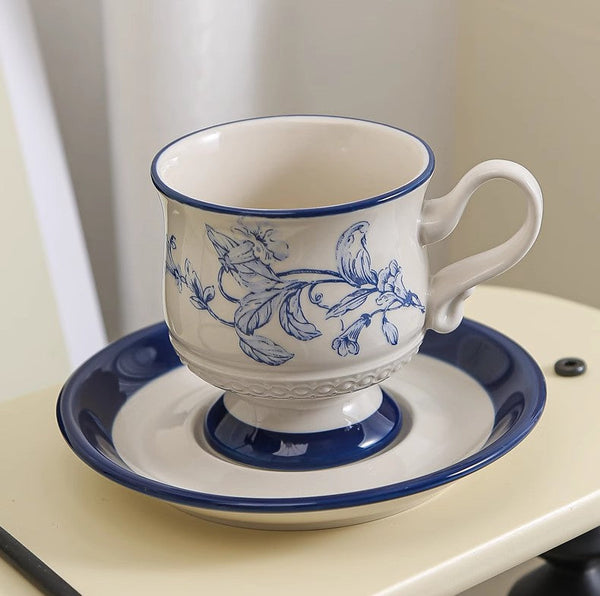Creative Blue Coffee Cup and Saucer, Elegant Ceramic Cups for Afternoon Tea, Creative Porcelain Tea Cup Set, Beautiful British Tea Cups-LargePaintingArt.com