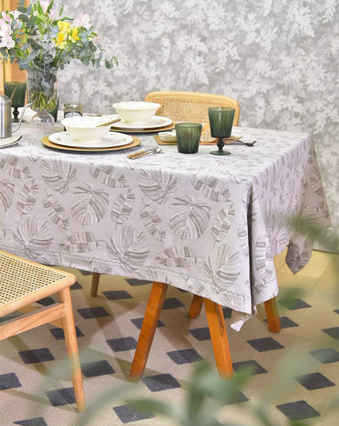 Monstera Leaf Modern Table Cloths for Kitchen, Simple Contemporary Grey Cotton Tablecloth, Large Rectangle Table Covers for Dining Room Table, Square Tablecloth for Round Table-LargePaintingArt.com
