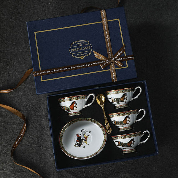 Porcelain Tea Cup and Saucer Set, 7.4 oz British Horse Pattern Coffee Cup with Saucer, Ceramic Tea Cup and Saucer in Gift Box-LargePaintingArt.com