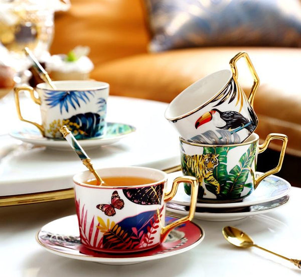 Handmade Coffee Cups with Gold Trim and Gift Box, 7.4 oz Tea Cup and Saucer, Jungle Tiger Porcelain Coffee Cups-LargePaintingArt.com