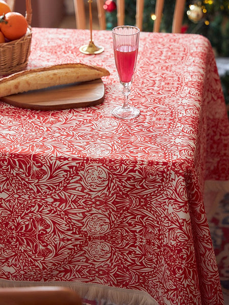 Large Fiberflax Rectangle Tablecloth for Home Decoration, Red Flower Pattern Tablecloth for Holiday Decoration, Square Tablecloth for Round Table-LargePaintingArt.com