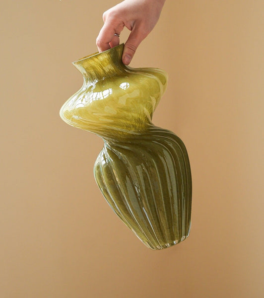 Handmade Contemporary Glass Vases, Modern Green Vases for Living Room, Mid Century Vases for Flowers, Unique Decorative Glass Vase, Centerpiece Vases on Table-LargePaintingArt.com