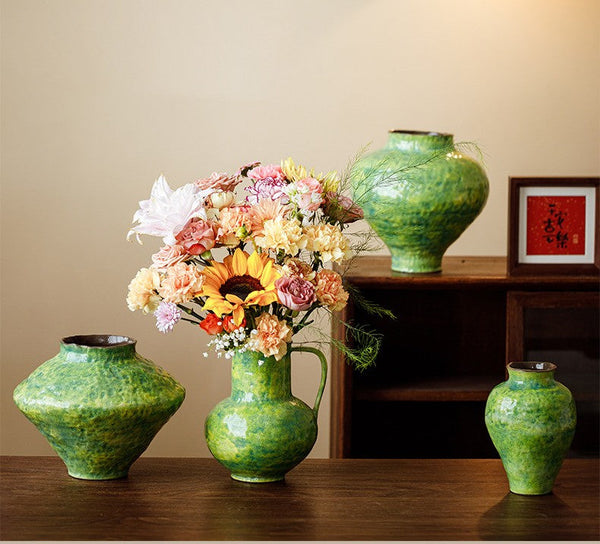 Modern Pottery Flower Vases, Handmade Water Holding Flower Vases, Pottery Bud Vases, Large Green Flower Vases on Table, Centerpiece on Dining Table-LargePaintingArt.com