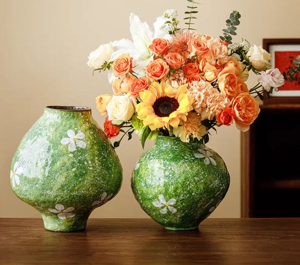 Centerpiece on Dining Table, Handmade Water Holding Flower Vases, Modern Pottery Flower Vases, Pottery Bud Vases, Large Green Flower Vases on Table-LargePaintingArt.com
