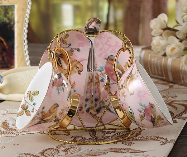 Elegant Ceramic Coffee Cups, Beautiful British Tea Cups, Bird Porcelain Tea Cup Sucer Set, Tea Cups and Saucers in Gift Box as Birthday Gift-LargePaintingArt.com