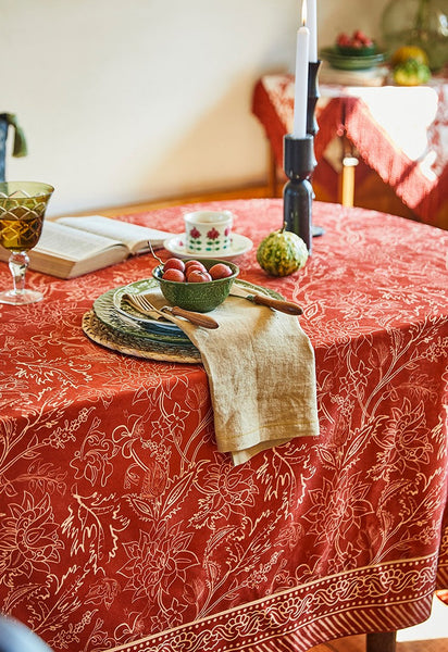 Red Christmas Flower Pattern Tablecloth for Oval Table, Large Modern Rectangle Tablecloth for Dining Room Table, Square Table Covers for Kitchen, Farmhouse Table Cloth for Round Table-LargePaintingArt.com