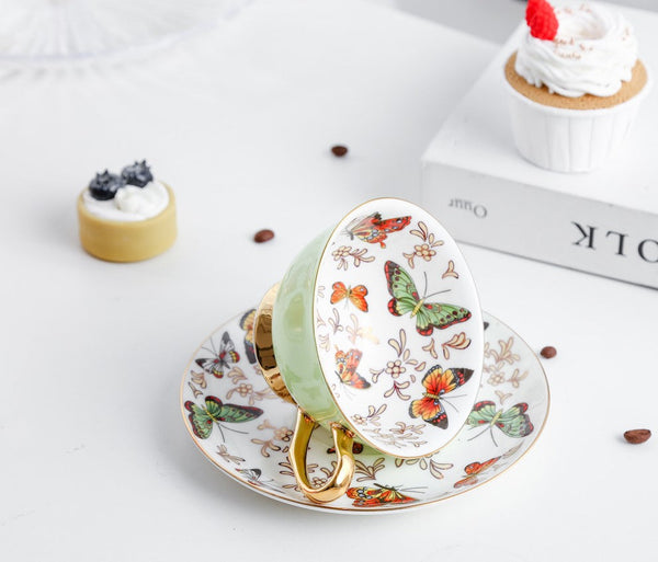 Unique Butterfly Coffee Cup and Saucer, Creative Butterfly Ceramic Coffee Cups, Beautiful British Tea Cups, Creative Porcelain Tea Cup Set-LargePaintingArt.com