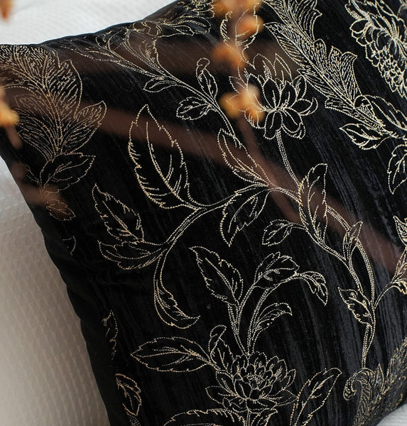 Contemporary Modern Sofa Pillows, Black Embroidery Flower Pattern Pillows for Couch, Decorative Throw Pillows for Bedroom, Large Modern Sofa Pillow for Dining Room-LargePaintingArt.com