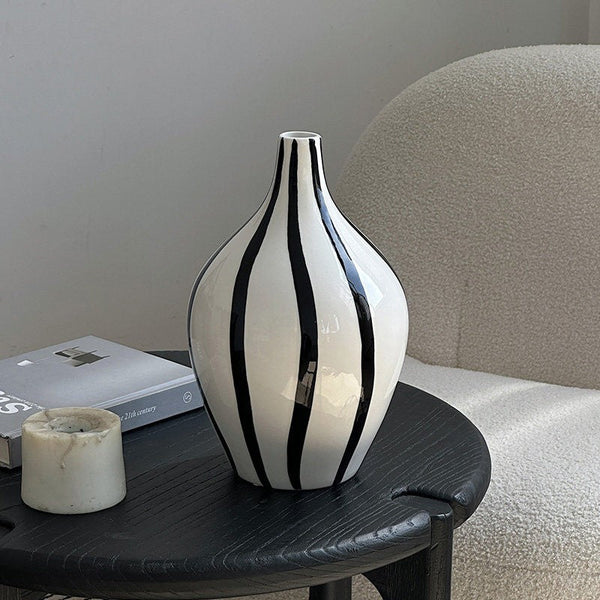 Porcelain Flower Vases, Modern Flower Vases on Table, Water Holding Flower Vases, Black and White Striped Ceramic Vase-LargePaintingArt.com